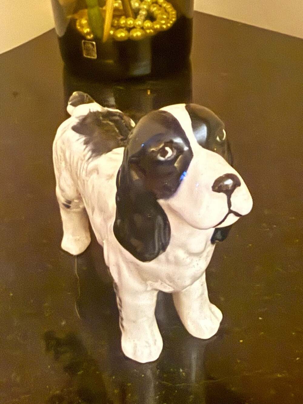 Vintage Ceramic Black and White Spaniel Dog Figurine